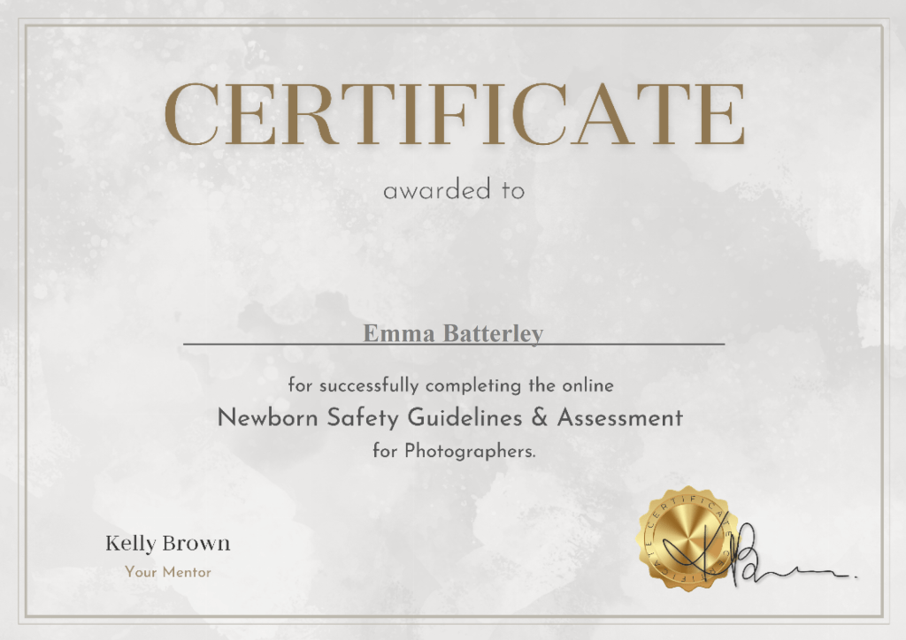 Certificate awarded to Emma Batterley for successfully completing the online Newbord Safety Guidelines assessment for photographers